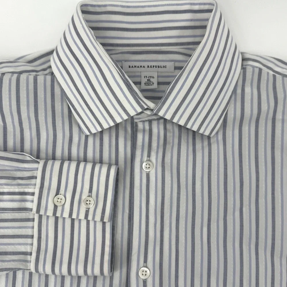 Banana Republic Mens XL Blue Grey Striped Dress Shirt Long Sleeve Button Down